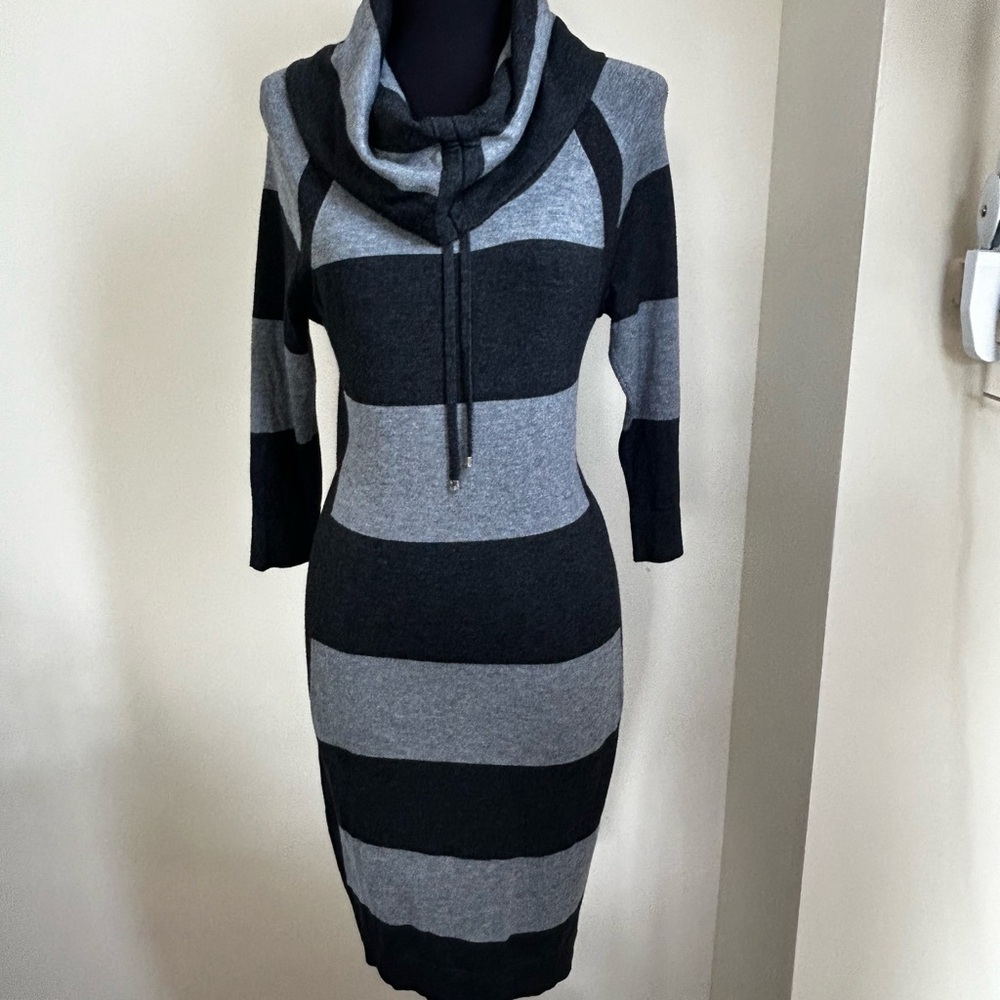ETC Women's Cowl Neck Sweater Dress - Black and Gray Stripes